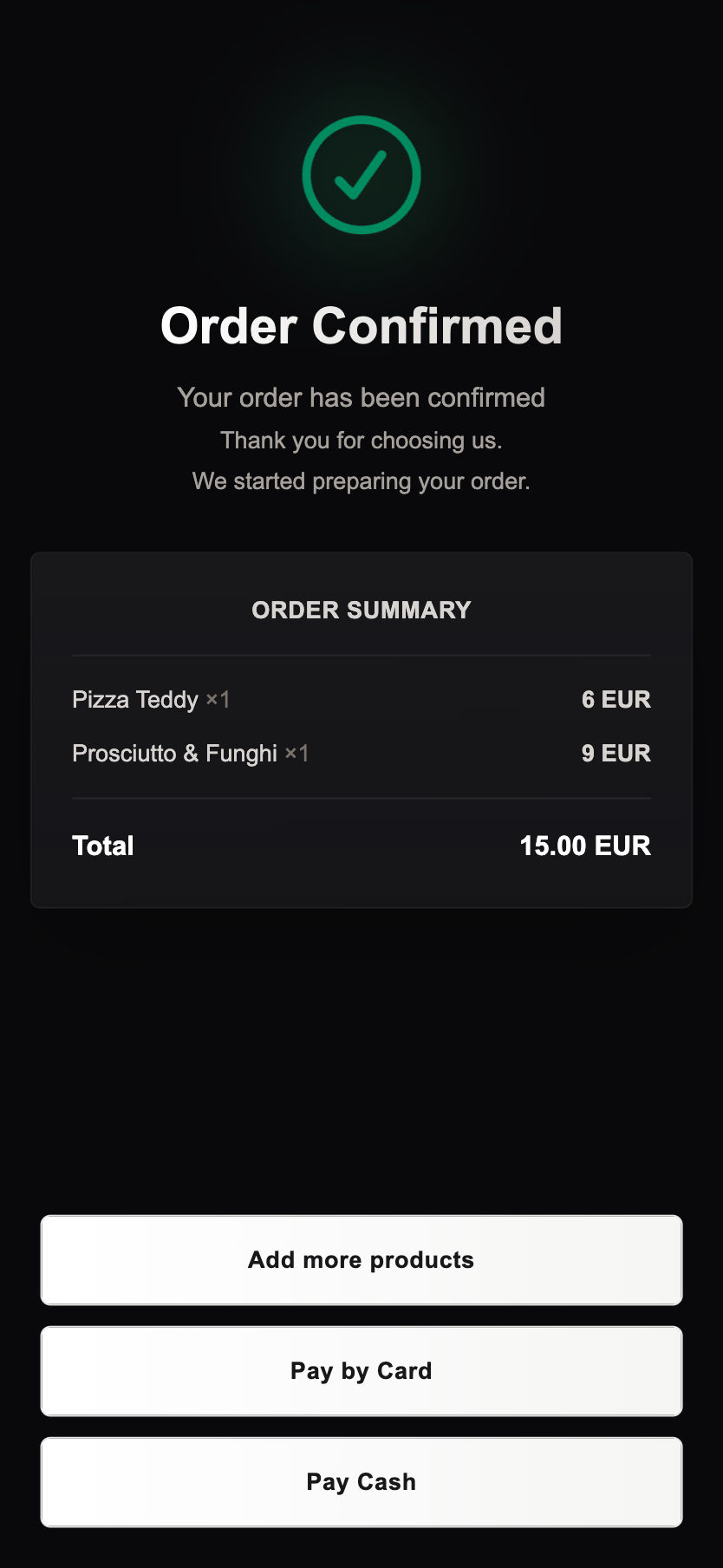 Order confirmation screen showing successful QR code order placement