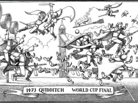 Ilustrace zobrazující finální zápas Mistrovství světa ve famfrpálu z roku 1473, mezi Transylvánií a Flandry. 