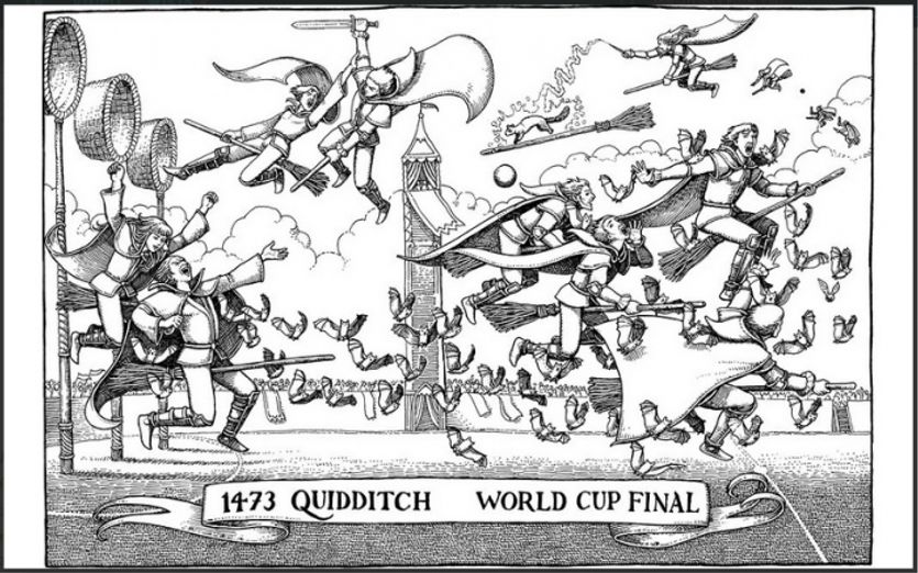 Ilustrace zobrazující finální zápas Mistrovství světa ve famfrpálu z roku 1473, mezi Transylvánií a Flandry. 