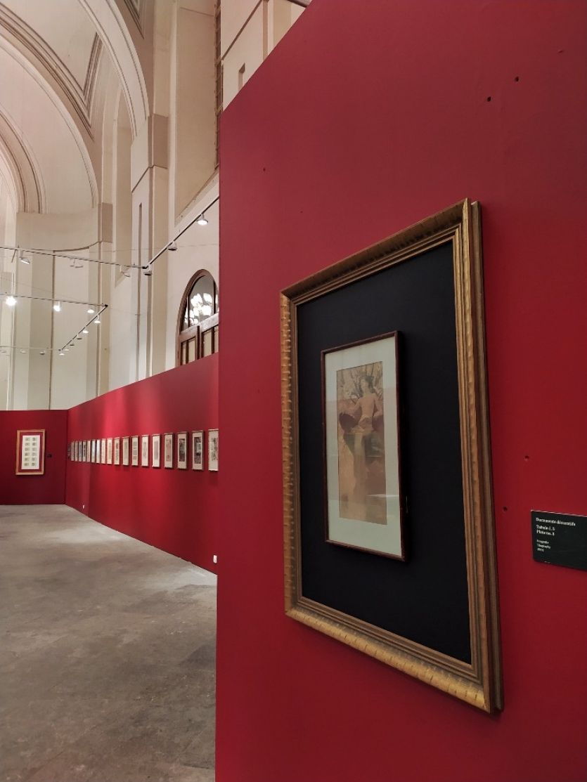 Sál Vlastivědného muzea s Muchovými obrazy.