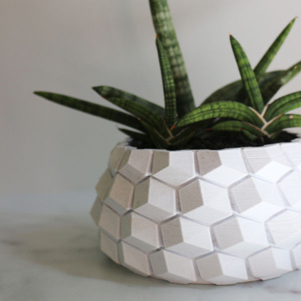 SET OF 4 3D Printed Wood Geometric Small Plant Pots. Modern