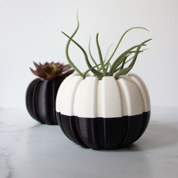 Creepy Halloween Pumpkin Planter, Black and White Pumpkin, Spooky Pumpkin