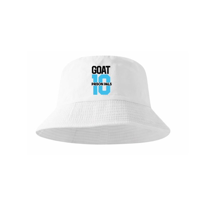 White Prison Pals bucket hat with GOAT 10 artwork, front product view