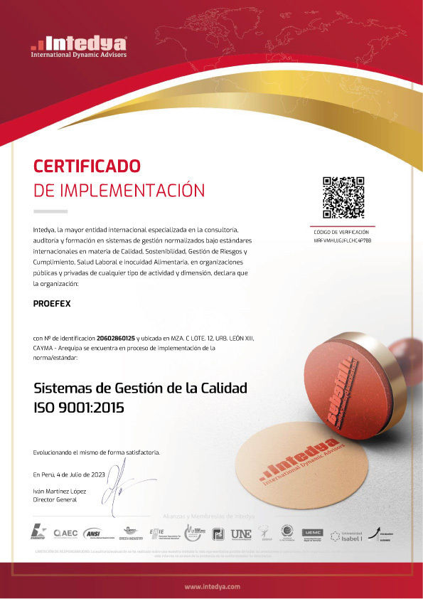 Certificado de implementación de la ISO 9001 en Proefex