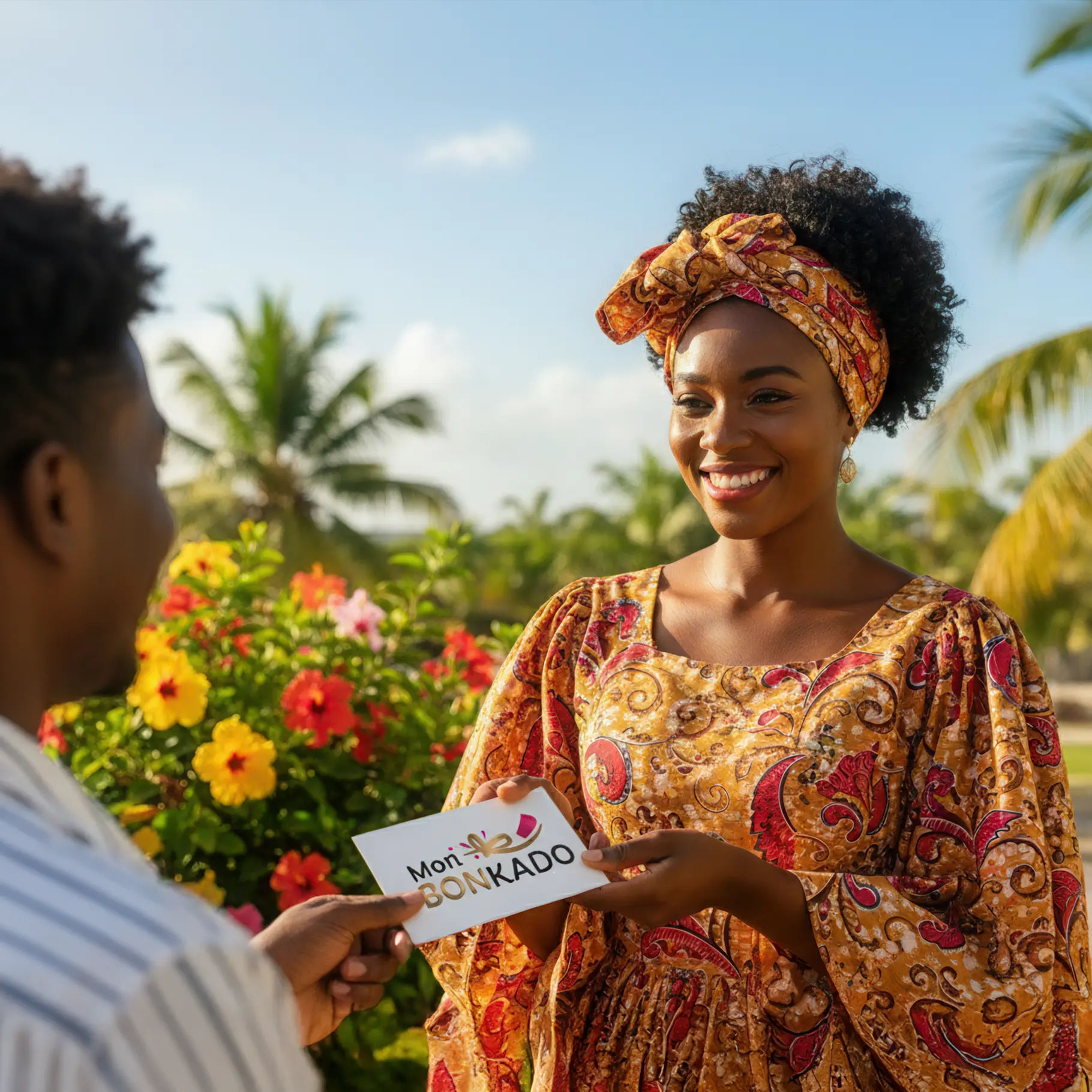 Caribbean woman smiling as she receives a MonBonKado gift card in a vibrant tropical garden.