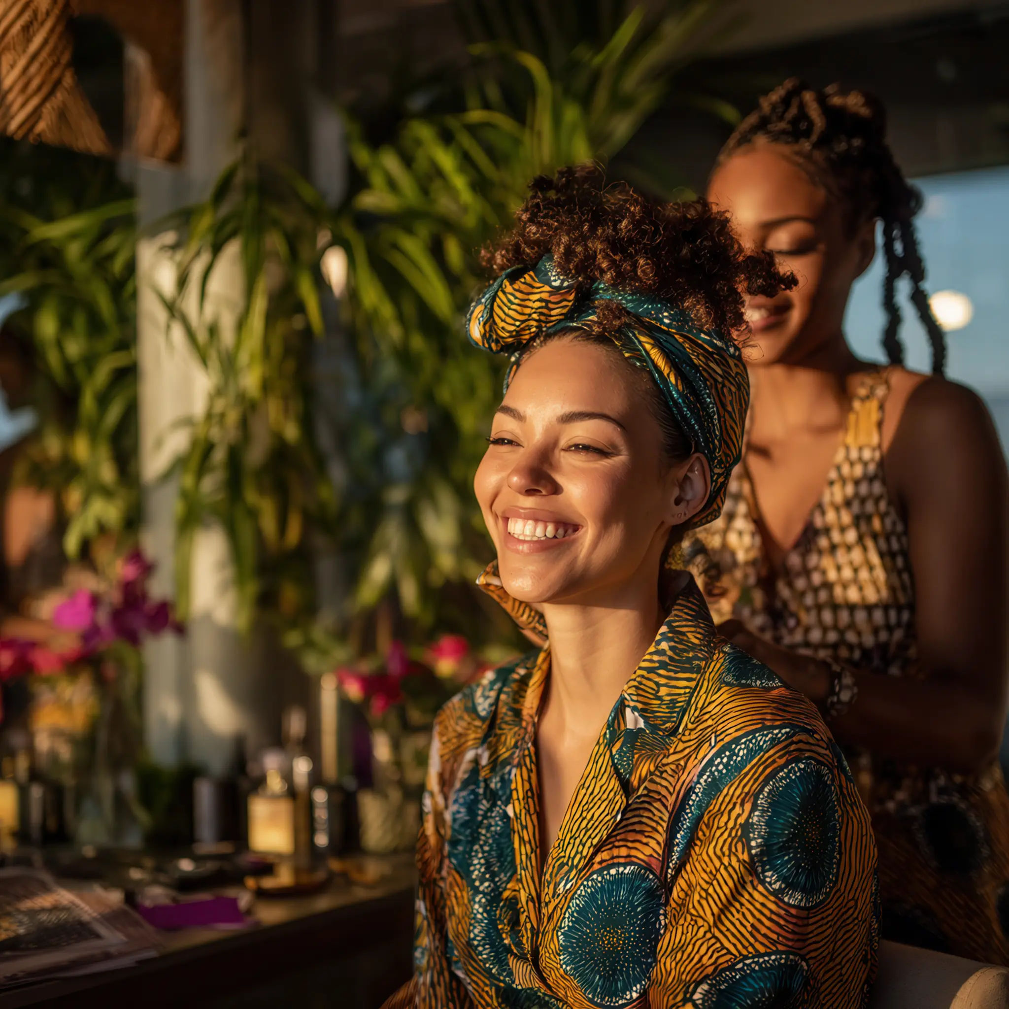 Smiling Caribbean woman getting her hair styled during golden hour in a lush tropical beauty salon.