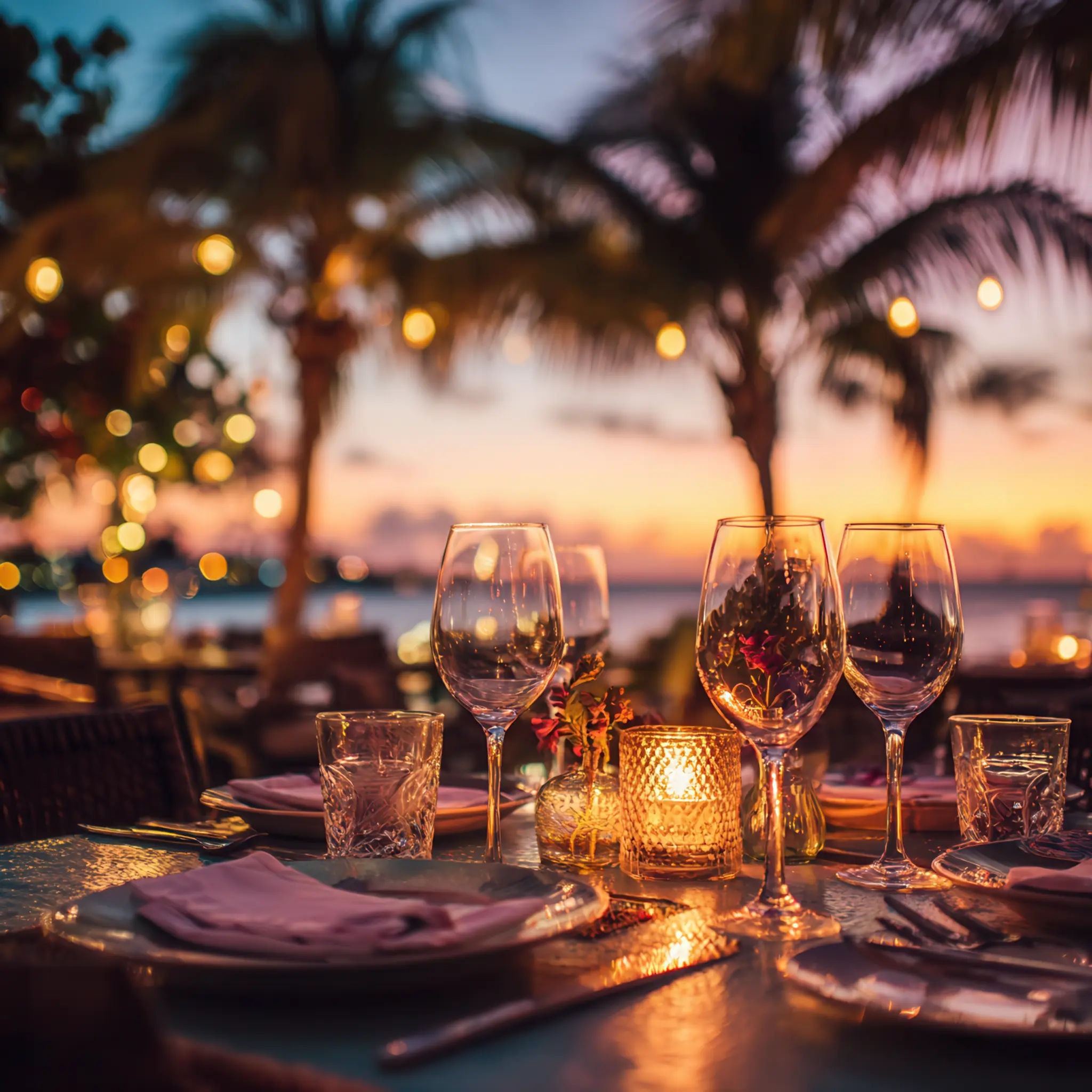 Elegant beachfront dinner table with glassware and candles glowing at sunset in a tropical setting.