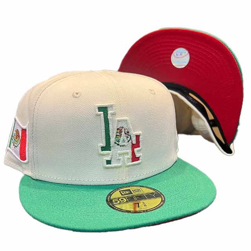 Los Angeles Dodgers Cream Green Two Tone Cino De Mayo Logo Mexico Flag  Patch Red UV 59FIFTY Fitted Hat