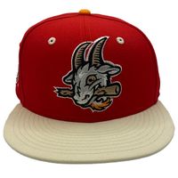 Hartford Yard Goats Red Cream Sports Stories 2021 All-Star Bash Side Patch Grey UV New Era 59Fifty Fitted Hat