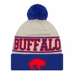 Buffalo Bills Cream Royal Blue New Era 2023 Sideline Historic Pom Cuffed Knit Hat