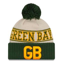 Green Bay Packers Cream Green New Era 2023 Sideline Historic Pom Cuffed Knit Hat