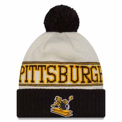 Pittsburgh Steelers Cream Black New Era 2023 Sideline Historic Pom Cuffed Knit Hat