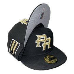 Puerto Rico Black Metallic Gold Flag Side Patch Gray UV 59FIFTY Fitted Hat