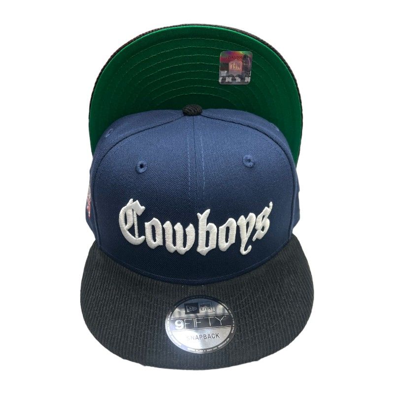 Dallas Cowboys Navy Black Corduroy Old English Script Green UV New Era  9FIFTY Snapback Hat