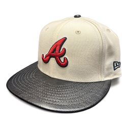 Atlanta Braves Chrome Black Leather Visor New Era 59FIFTY Fitted Hat