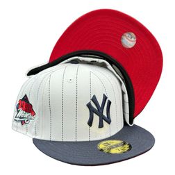 New York Yankees White Navy Pinstripe 1999 WS Patch Red UV New Era 59Fifty Fitted Hat