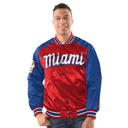 Miami Marlins Red Blue City Connect Starter Satin Varsity Full Snap Jacket