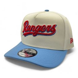 Texas Rangers Chrome and Light Blue Script New Era A-Frame Snapback Hat