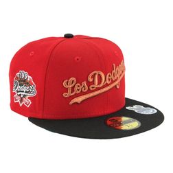 Los Angeles Dodgers "Los Dodgers" Red and Black with Copper Stitching 100th Anniversary Patch Green UV New Era 59FIFTY Fitted Hat