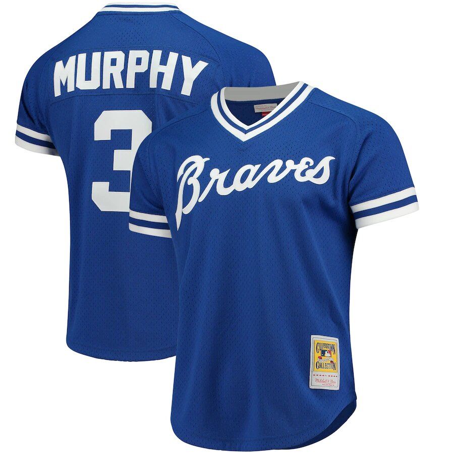 Men's Atlanta Braves Mitchell & Ness Royal Cooperstown Collection Mesh  Wordmark V-Neck Jersey