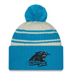 Carolina Panthers New Era 2022 Cream NFL Sideline Sport Pom Cuffed Knit Beanie Hat