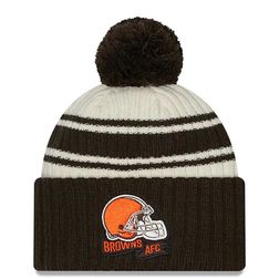 Cleveland Browns New Era 2022 Cream NFL Sideline Sport Pom Cuffed Knit Beanie Hat