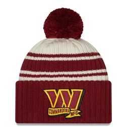 Washington Commanders New Era 2022 Cream NFL Sideline Sport Pom Cuffed Knit Beanie Hat