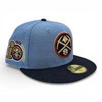 Denver Nuggets Sky Blue Oceanside 2T Leon in the Lab 2023 Champions Patch Grey UV New Era 59FIFTY Fitted Hat