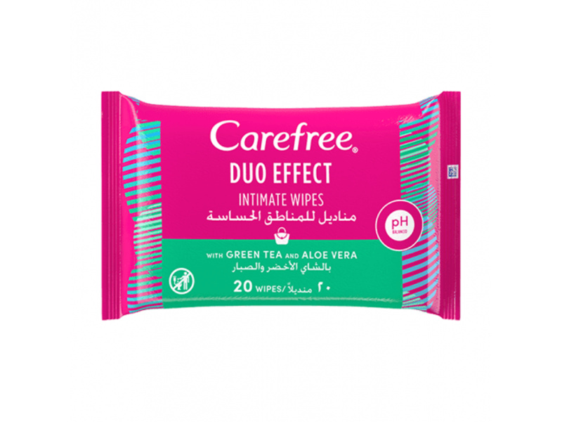 Carefree duo effect intimate wipes - green tea and aloe vera - 20 wipes