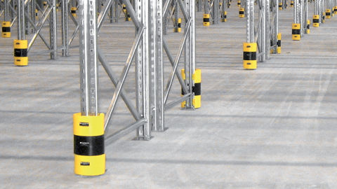 Protect-it stackable rack guards installed in a warehouse to protect pallet racking uprights