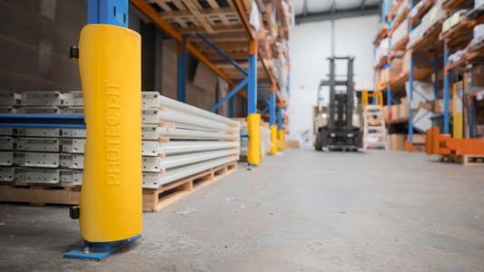 Protect-it XL large format rack guards installed in a warehouse to protect pallet racking uprights