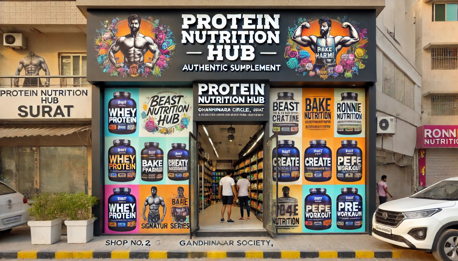 A-modern-and-vibrant-storefront-of-Protein-Nutrition-Hub-an-authentic-supplement-store-located-in-Surat.-The-store-features-colorful-banners-showcas