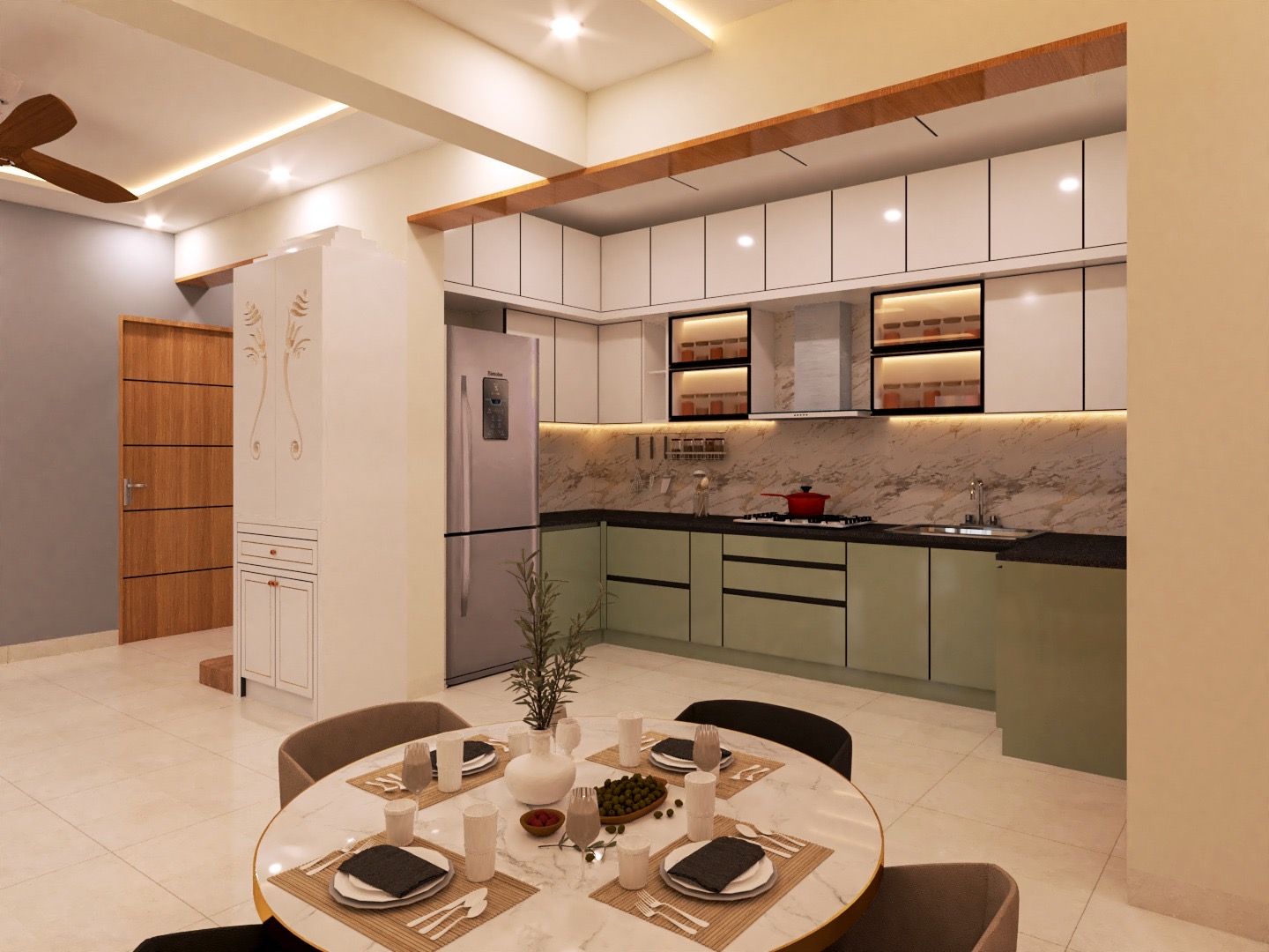 Modern kitchen with blue cabinets and white backsplash