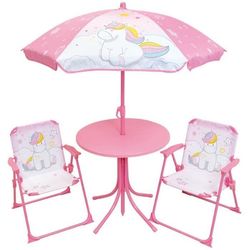 Trädgårdsmöbler - FUN HOUSE - Enhörningsträdgårdsmöbler: Bord H.46 x 46 cm, 2 fällstolar, parasoll H.125 x 100 cm