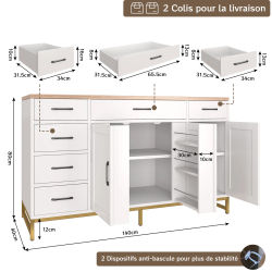Mueble de cocina blanco, aparador, mueble de almacenaje para la sala de estar, encimeras y dos cajones, apto para cocina/sala de estar