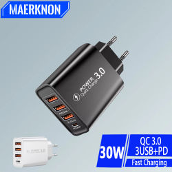 Cargador rápido USB PD de 30W, adaptador de cargador de teléfono de carga rápida PD tipo C de 4 puertos para iPhone15 Pro, Samsung, Xiaomi, Huawei