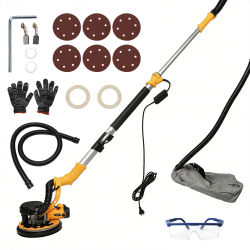 Lijadora de Paredes de 1390W con Aspiradora, 6 Velocidades, 1800 RPM, Mango Telescópico Plegable, Iluminación LED, Lijadora para Techos y Pisos