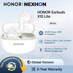HONOR Earbuds X10 Lite, 45 Horas de Duración de la Batería, Altavoz Ultragrande de 12.4 mm, Cancelación de Ruido Profunda de 42 dB, Traducción por IA, Blanco