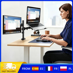 Soporte para Laptop con Dos Monitores, Soporte de Escritorio Ajustable, 2 Opciones de Montaje, Gestión de Cables, para Monitor de 13-27 Pulgadas, Laptop de 11-17 Pulgadas, Carga de 8 kg