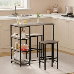 Conjunto moderno de 3 piezas. Juego de Muebles de Comedor: Mesa de Comedor con Estructura Metálica Resistente, 2 Taburetes Tapizados y Estantes de Almacenamiento, para Cocina, Apartamento,