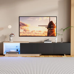 Mueble de TV con iluminación LED, soporte de TV con longitud ajustable, mueble de TV bajo, mueble de TV moderno con 3 cajones, aparador de TV bajo para salón/dormitorio, 240 x 38 x 44 cm, blanco/negro