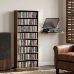 Mueble alto para almacenamiento de medios, estantería de madera de 8 niveles para exhibir DVD/CD, librero delgado independiente, adecuado para discos de vinilo y colección de música en la sala de