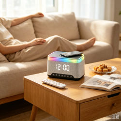 Regalo Original Altavoz Multifunción Reloj Despertador, Carga Inalámbrica, Luz Ambiental RGB, Radio FM y Modo Ruido Blanco