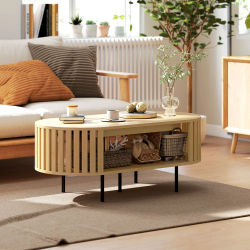 Mesa de centro ovalada con estante de almacenamiento abierto, mesa de centro con efecto madera para muebles de sala de estar.