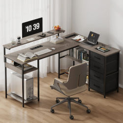 Escritorio Esquinero en Forma de L con Soporte para Monitor, Cajones de Tela y Estantes de Almacenamiento, Escritorio Industrial para Oficina en Casa, Aspecto de Madera y Metal