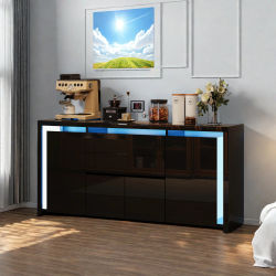 Aparador, mueble TV, con luces LED, 4 puertas, 2 cajones, mesa auxiliar, mueble almacenaje, cajonera, color negro.