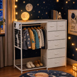 Armario infantil para dormitorio con puerta corredera, armario infantil multifuncional blanco, equipado con 6 cajones, percheros y tomas de corriente, mueble de almacenamiento para dormitorio