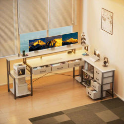 Escritorio, Escritorio Cuadrado con Cajones, Tomas de Corriente y Puertos USB, Incluye Soporte para Monitor e Iluminación LED Blanca