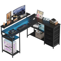 Escritorio para Computadora en Forma de L con 4 Cajones, Estante para Monitor, Tomas de Corriente Integradas y Estructura Resistente, 155 × 110 × 90.5 Cm, Negro