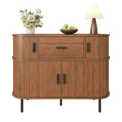 Mueble auxiliar de dos pisos con puertas correderas, cómoda con cinco cajones, compartimentos integrados para ventiladores de mano, 110 × 35 × 81.5 cm, color nogal.